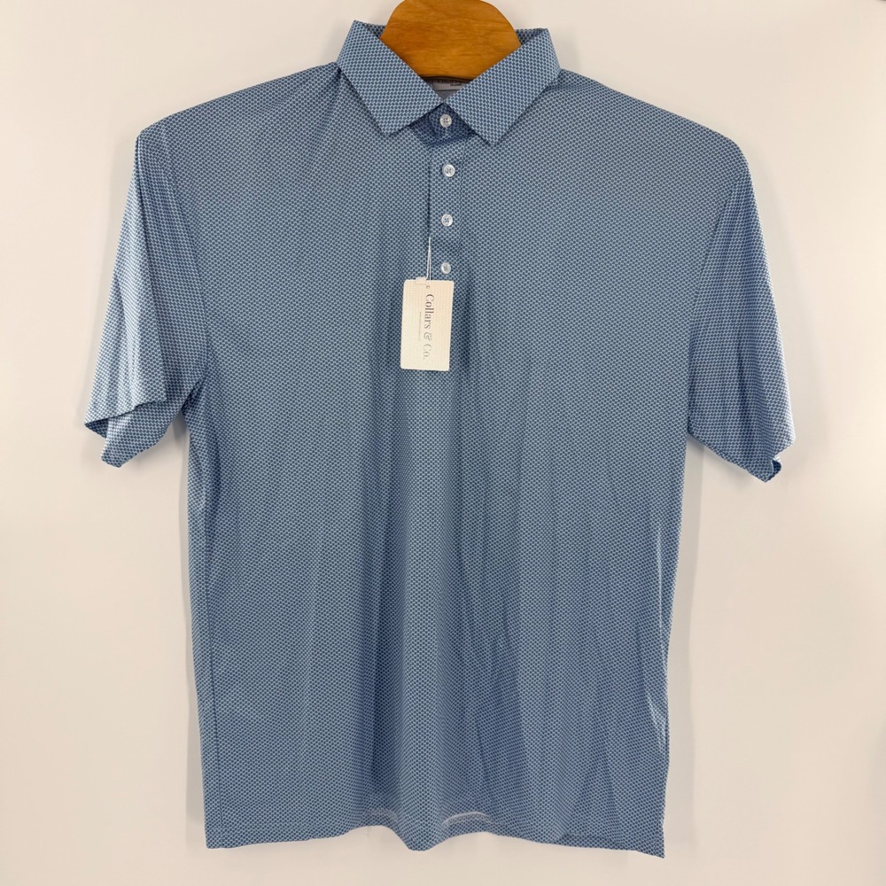 Collars & Co Mens 2XL Blue Geometric Print Short Sleeve Polo Shirt‎ NWT